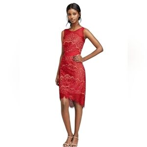 Jax Red Nude Short Sleeve Illusion Eyelash Lace Fitted Sheath Dress Size 2